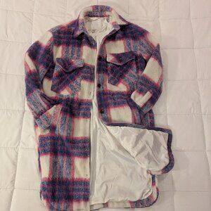 BlankNYC Prime Time fuzzy purple pink white plaid long coat trench jacket shacke